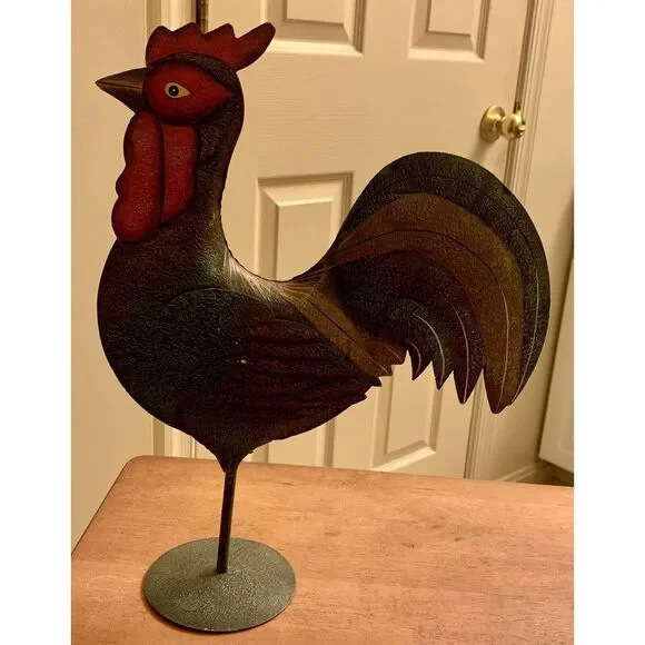Rooster Metal Decor Puffed Pedestal Painted Green Yard 14"‎ Barn Yard - Picture 2 of 6